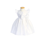 Satin pleated flutter sleeve with bow detail.