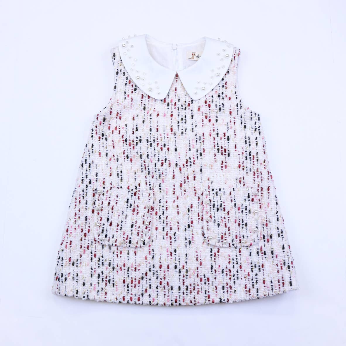 12344 IVORY, PINK Pearl Trim Tweed Dress-doe a dear-3T-Urbanheer