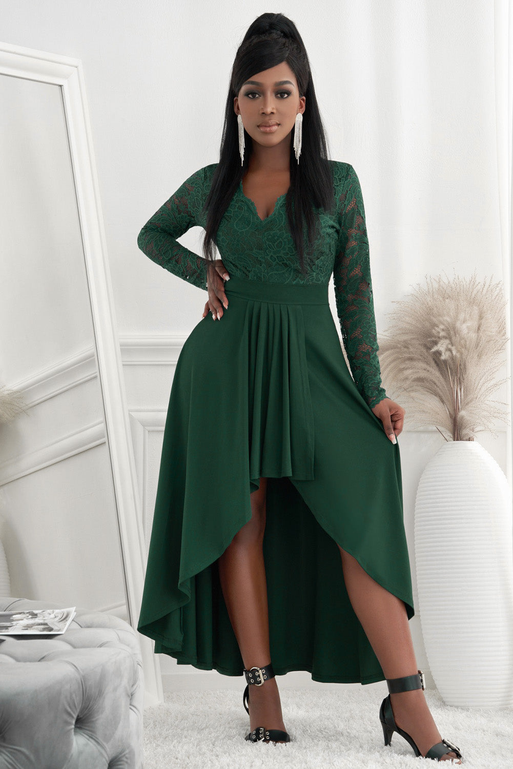 Lace High-Low V-Neck Dress-Street 360-Black-S-Urbanheer