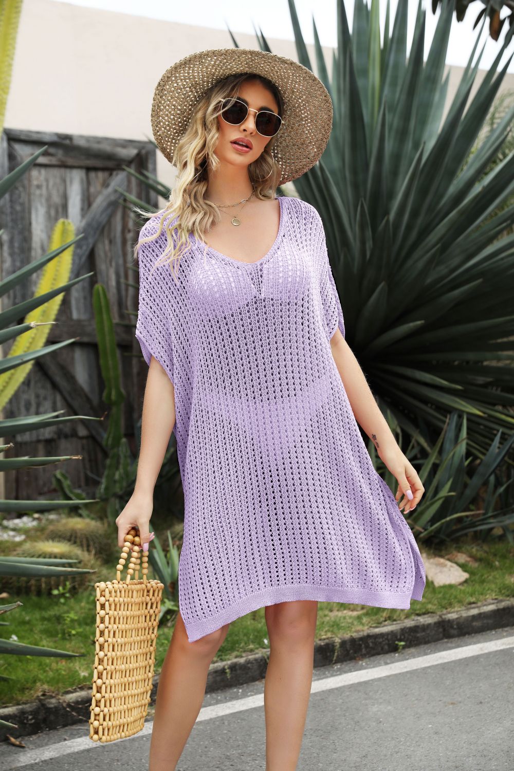 Openwork Side Slit Cover-Up Dress-Street 360-Lavender-One Size-Urbanheer