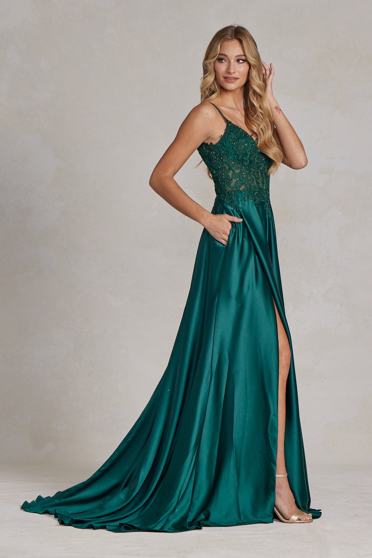 Embroidered Lace Bodice Open V-Back-NXAB-00-EMERALD-Urbanheer