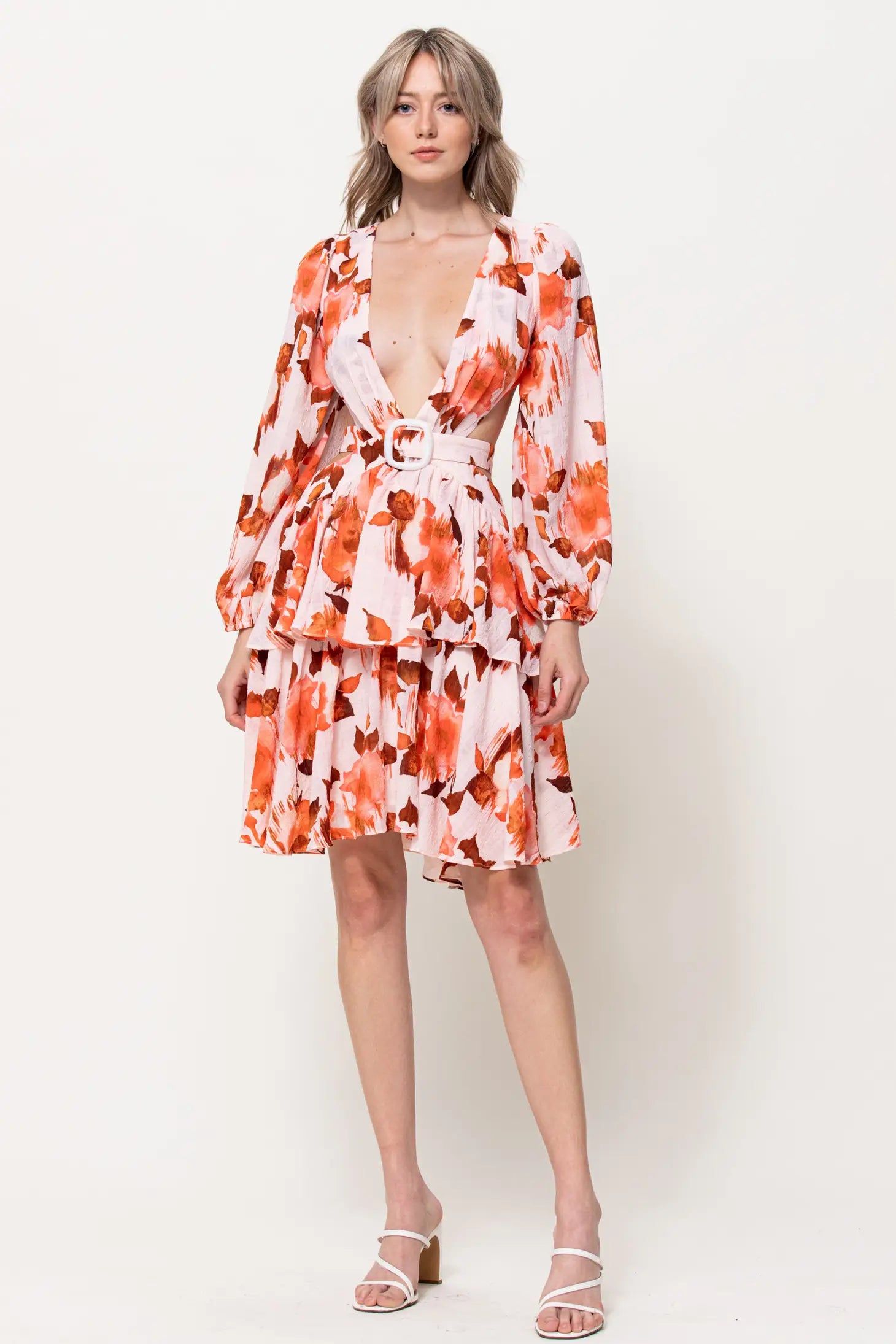 Front Buckle Detail Cut Out Mini Dress-Neon Blush-S-Orange-Urbanheer