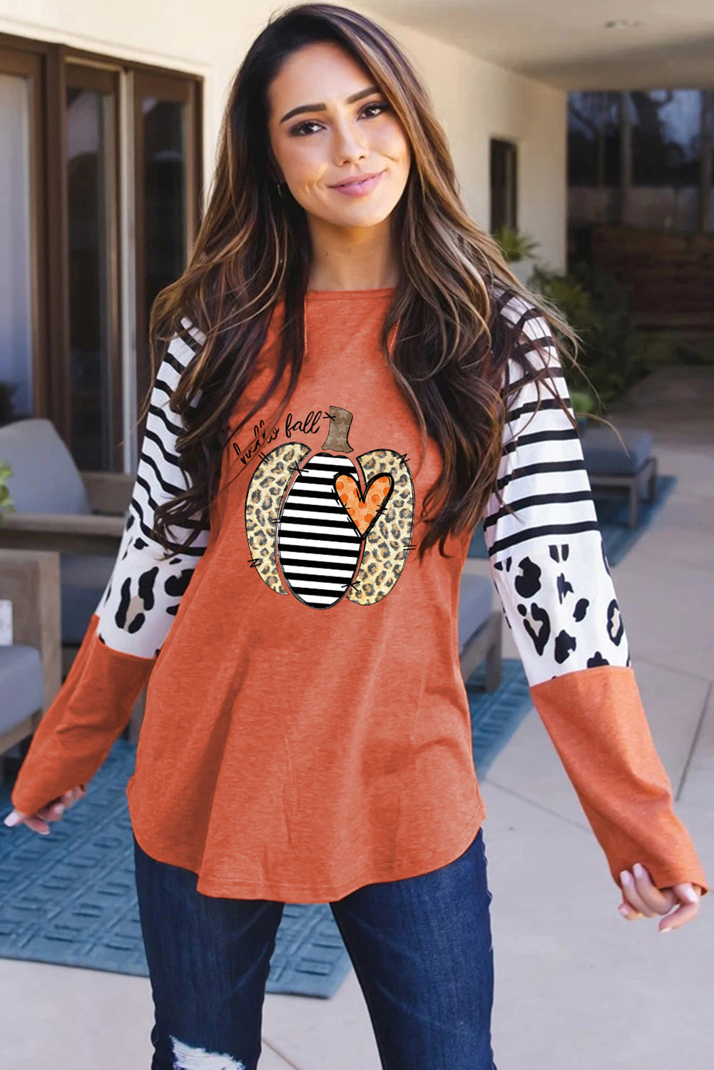 Halloween Pumpkin Stripes Leopard Long Sleeve Top-UHXC-Orange-(US 4-6)S-Urbanheer