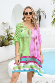 Contrast Scoop Neck Openwork Half Sleeve Cover Up-Street 360-Lime-One Size-Urbanheer