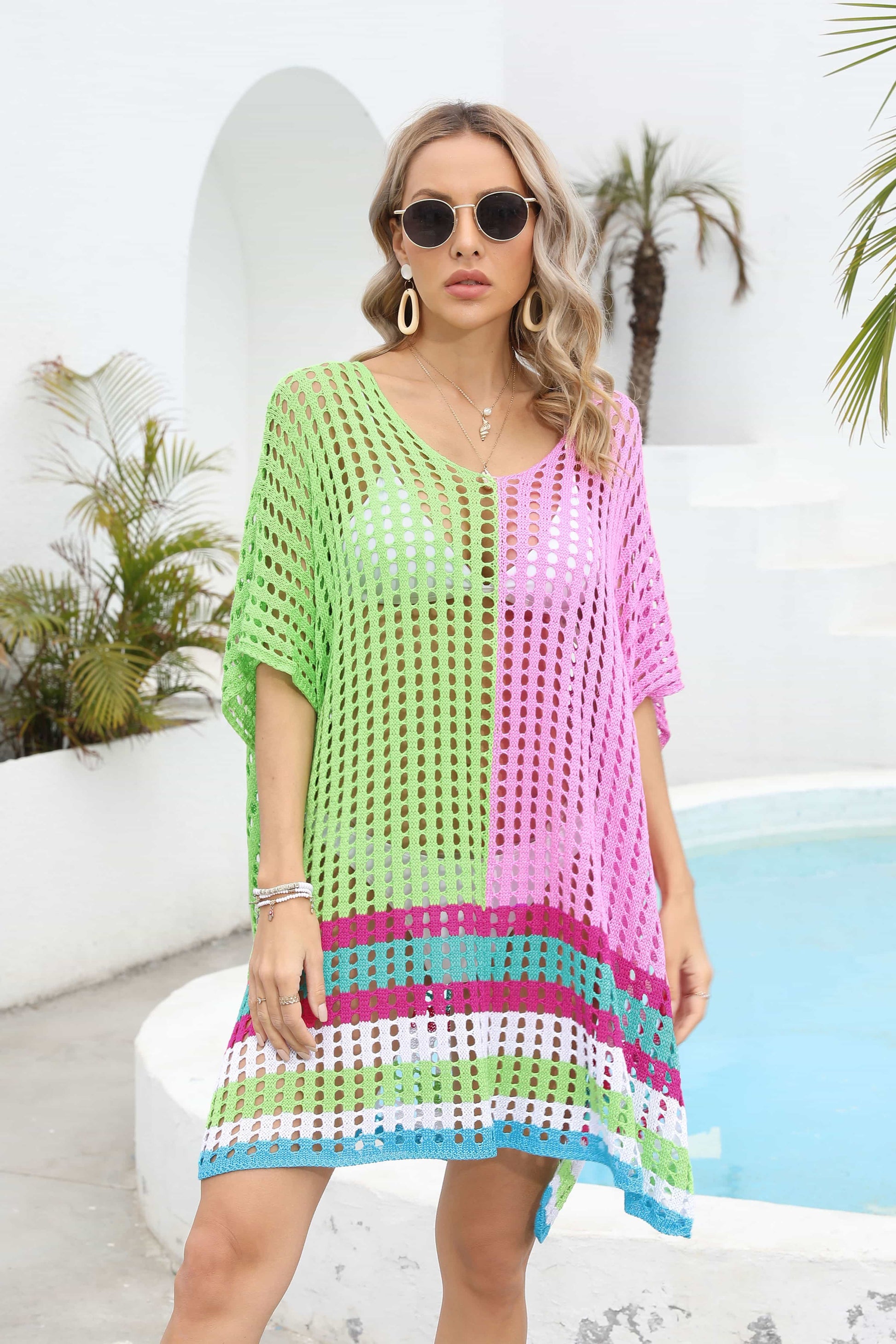 Contrast Scoop Neck Openwork Half Sleeve Cover Up-Street 360-Lime-One Size-Urbanheer
