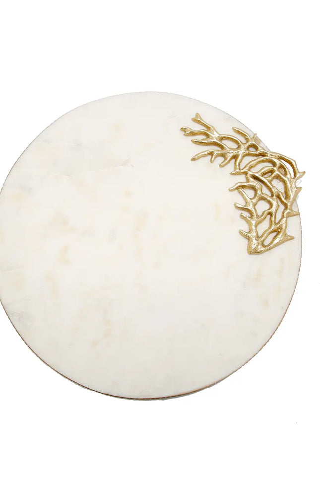 Round Marble Tray Gold Branch On Corner And Gold Edge 13"D-CLASSIC TOUCH DECOR INC.-Urbanheer