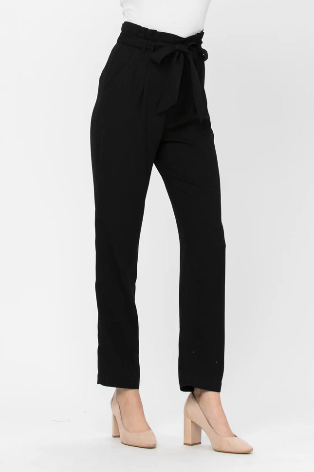 Belted Detail Straight Pants - Black-Neon Blush-Urbanheer
