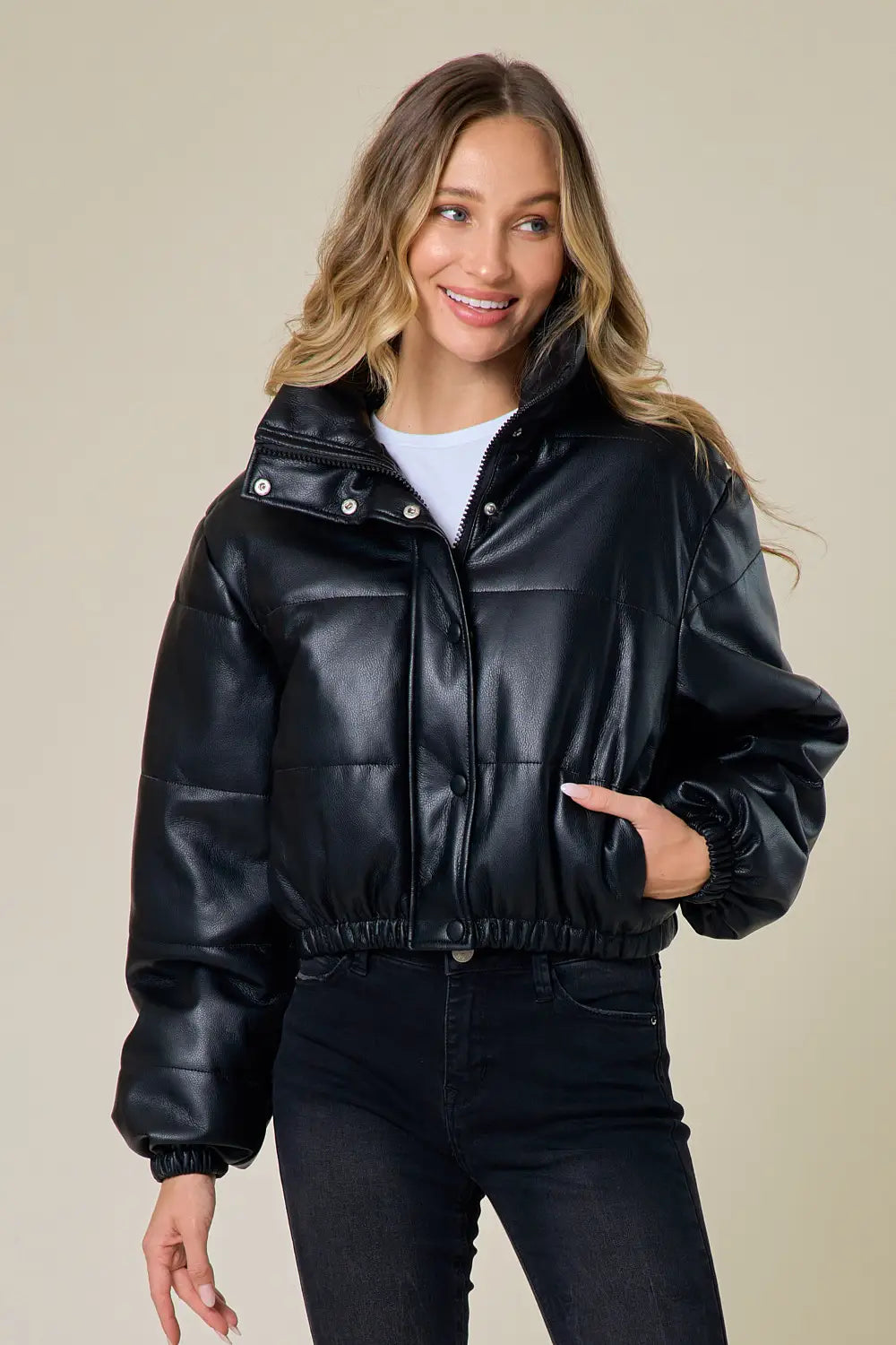 Black Leather Puffer Jacket-Saints & Hearts-S-Urbanheer