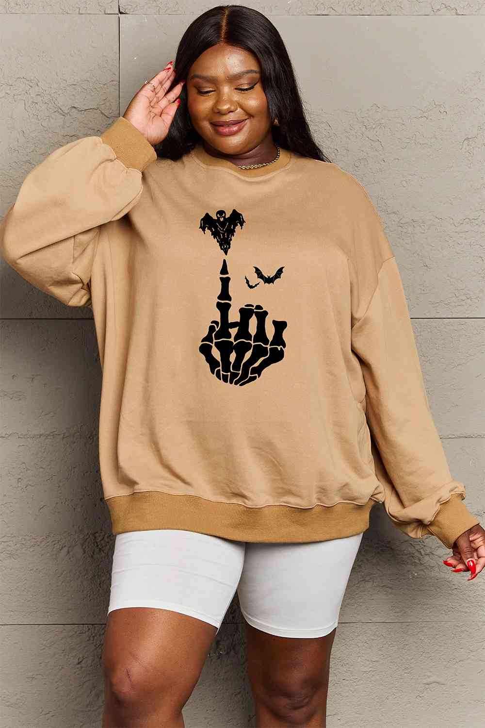 Simply Love Full Size Halloween Element Graphic Sweatshirt-Street 360-Khaki-S-Urbanheer