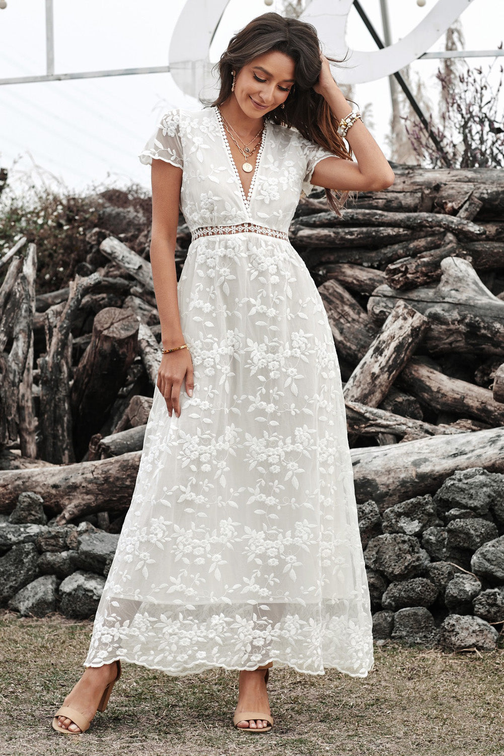 White V Neck Lace Maxi Dress-UHXC-White-(US 4-6)S-Urbanheer
