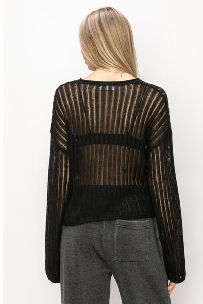 Hyfve Openwork Ribbed Long Sleeve Knit Top-HYFVE-Black-S-Urbanheer