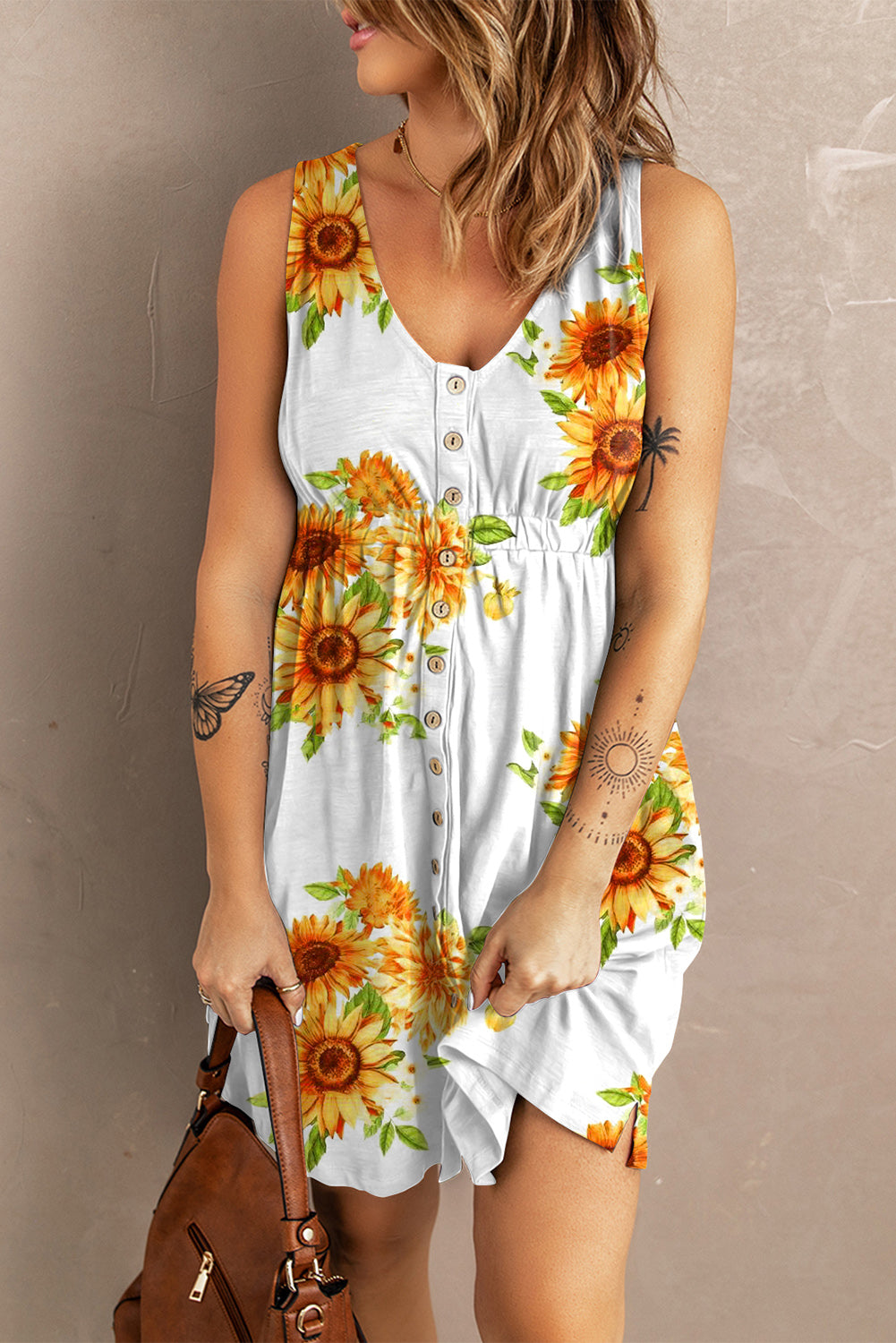 Sunflower Print Button Down Sleeveless Dress-Street 360-Sunflower Fields-S-Urbanheer