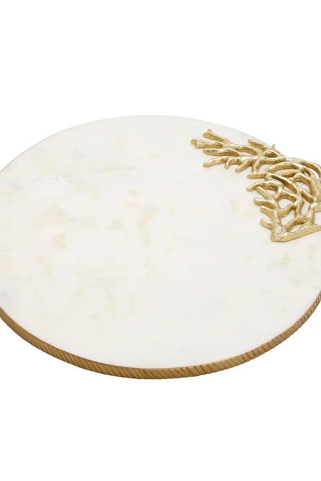 Round Marble Tray Gold Branch On Corner And Gold Edge 13"D-CLASSIC TOUCH DECOR INC.-Urbanheer