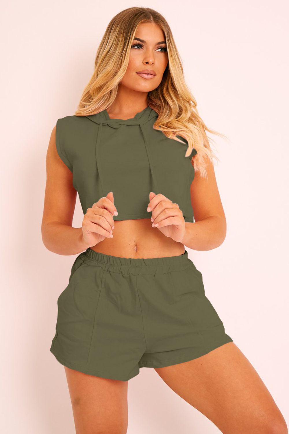 Hooded Crop Top & Pocketed Shorts Set-Sets-Street 360-Army Green-S-Urbanheer