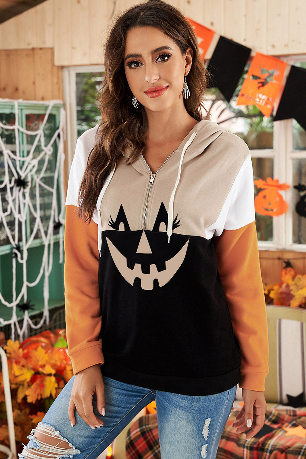 Halloween Pumpkin Face Color Block Quarter Zip Hoodie-UHXC-Orange-(US 4-6)S-Urbanheer