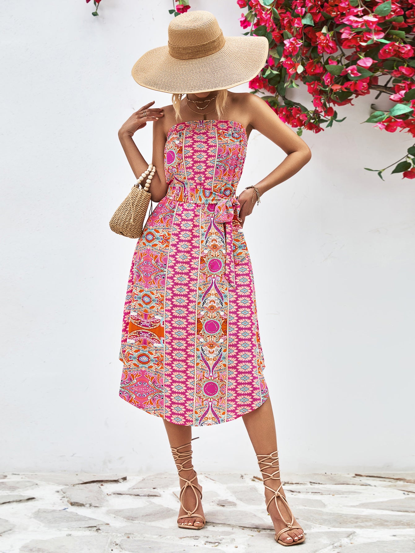 Printed Strapless Tie Belt Dress-Street 360-Hot Pink-S-Urbanheer