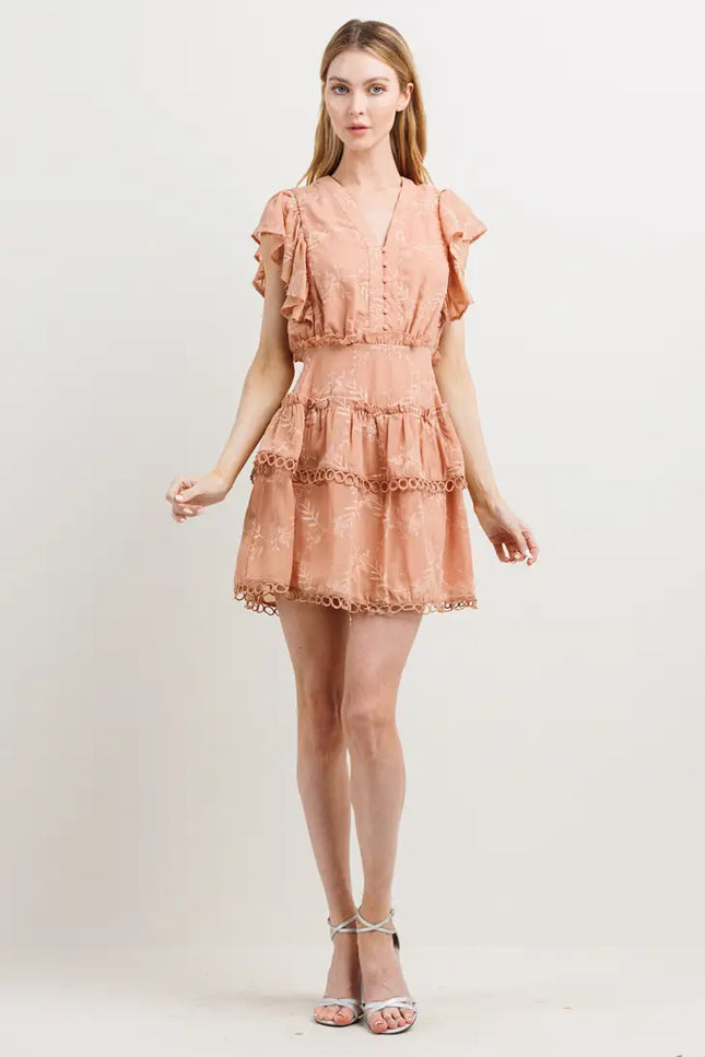 Ruffle Detail V Neck Mini Dress-Neon Blush-Urbanheer