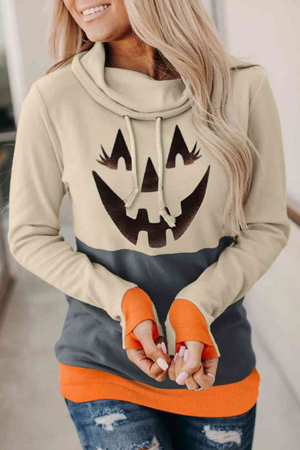 Long Sleeve Jack-O'-Lantern Graphic Sweatshirt-Street 360-Charcoal-S-Urbanheer