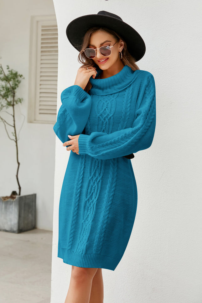 Mixed Knit Turtleneck Lantern Sleeve Sweater Dress-Collab-Urbanheer