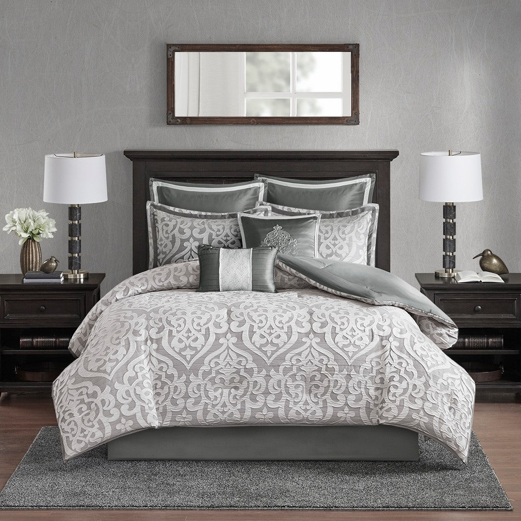 Classic Damask 8-Piece Jacquard Comforter Set, Grey/Silver-Olliix-Queen-Urbanheer