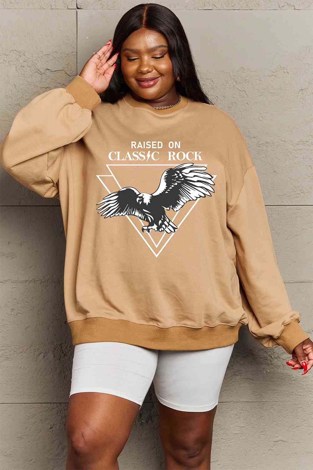 Simply Love Full Size Eagle Graphic Drop Shoulder Sweatshirt-Street 360-Khaki-S-Urbanheer