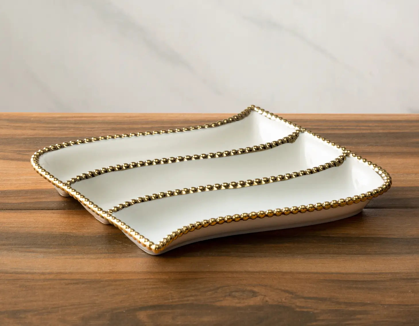 White Porcelain 3 Divider Tracker Dish 10"L X 9"W.-CLASSIC TOUCH DECOR INC.-Urbanheer