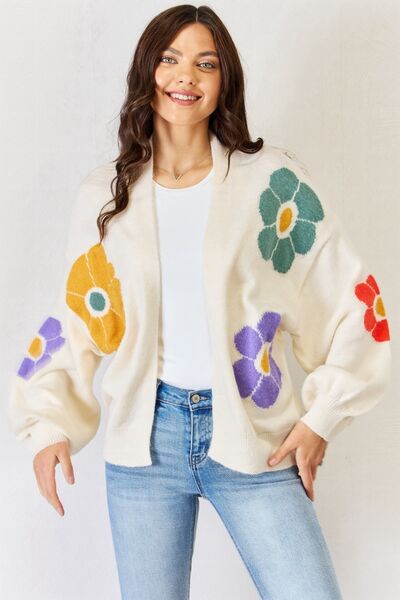 J.Nna Open Front Flower Pattern Long Sleeve Sweater Cardigan-UHX-White-S-Urbanheer