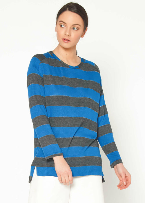 Women'S Long Sleeve Crewneck Stripe Tee-Lemon Hera-L-Royal Charcoal-Urbanheer