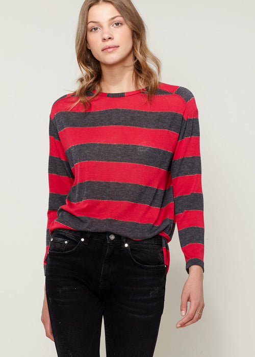 Women'S Long Sleeve Crewneck Stripe Tee-Lemon Hera-L-Fuchsia Charcoal-Urbanheer
