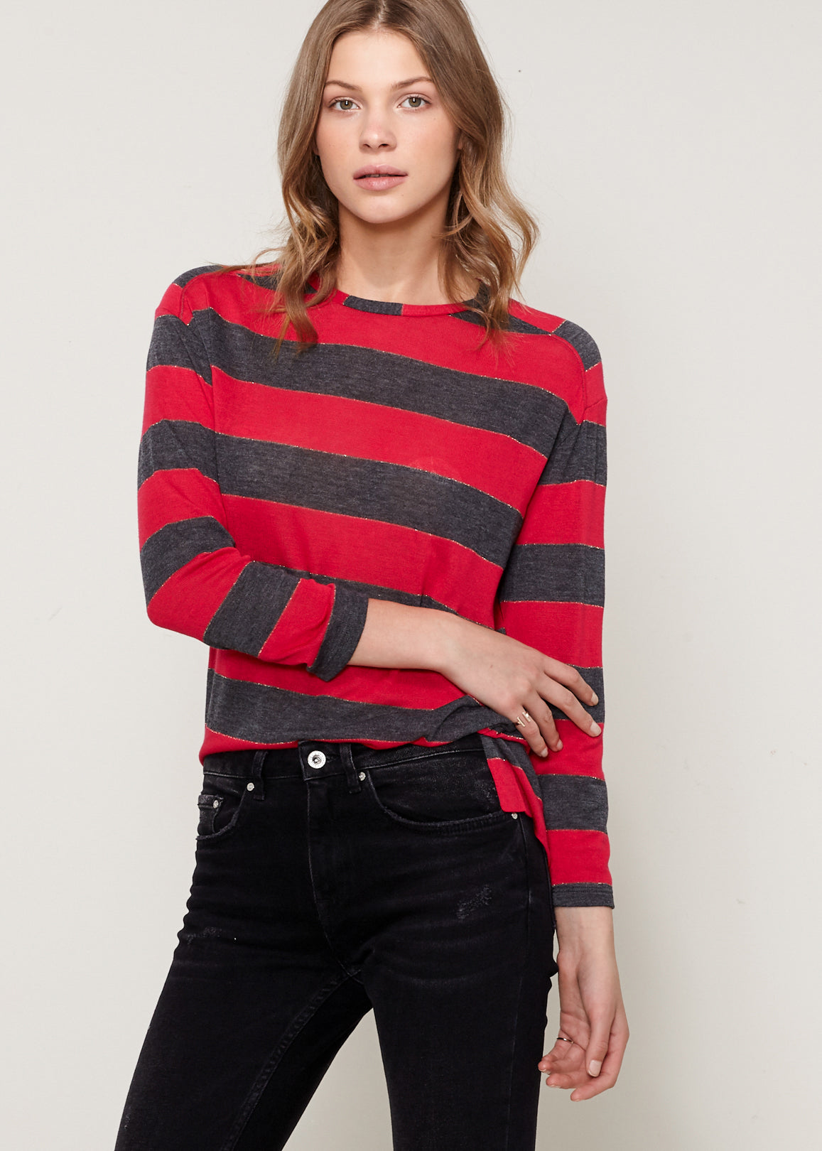 Women'S Long Sleeve Crewneck Stripe Tee-Lemon Hera-L-Fuchsia Charcoal-Urbanheer