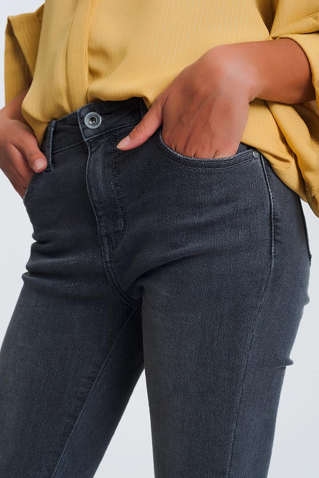 High Waisted Denim Jeans In Glitter Fabric