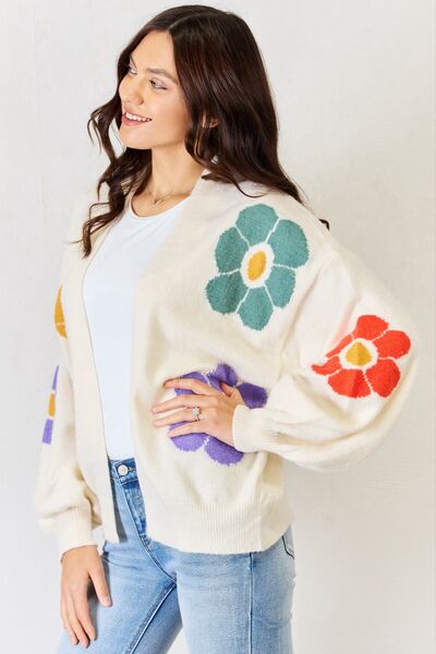 J.Nna Open Front Flower Pattern Long Sleeve Sweater Cardigan-UHX-Urbanheer