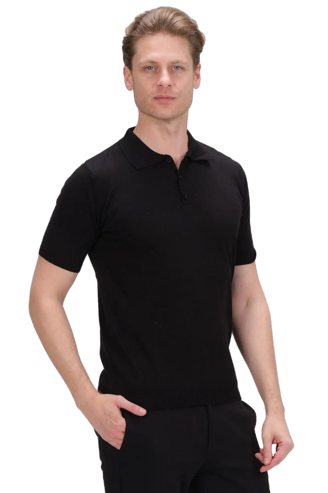 Knitted Polo Tee - Black-Ron Tomson-Urbanheer
