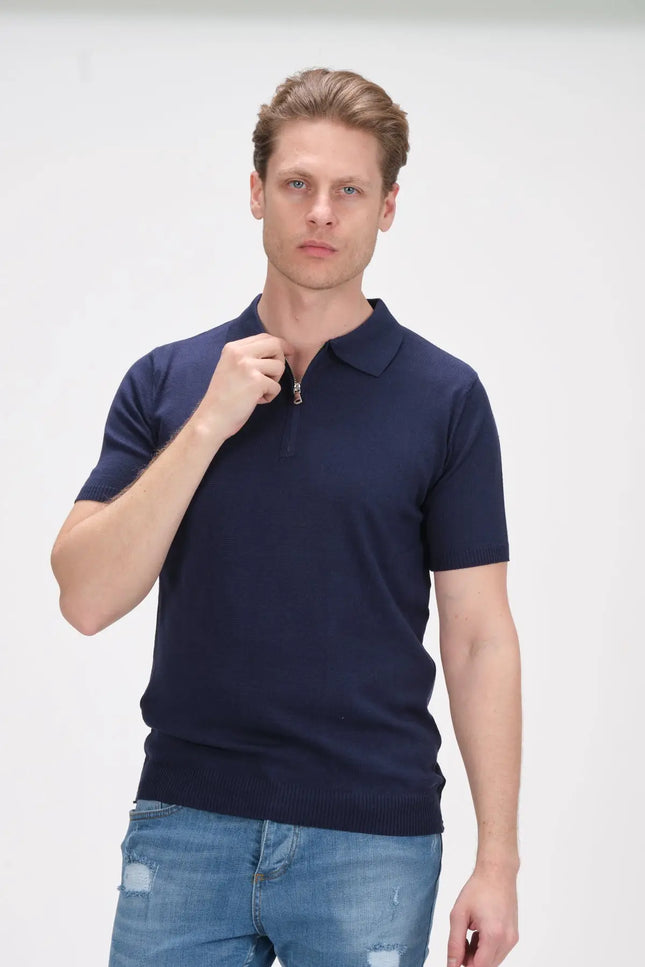 Zipper Knitted Polo Tee - Navy-Ron Tomson-Urbanheer