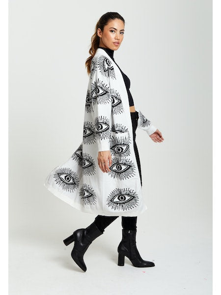 Liquorish Eye Pattern Longline Cardigan In White-Liquorish-S-Urbanheer