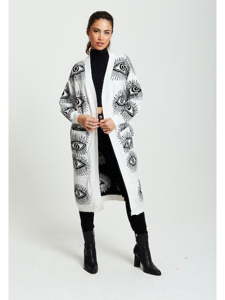 Liquorish Eye Pattern Longline Cardigan In White-Liquorish-S-Urbanheer