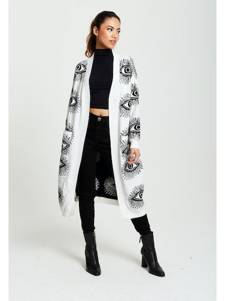 Liquorish Eye Pattern Longline Cardigan In White-Liquorish-S-Urbanheer