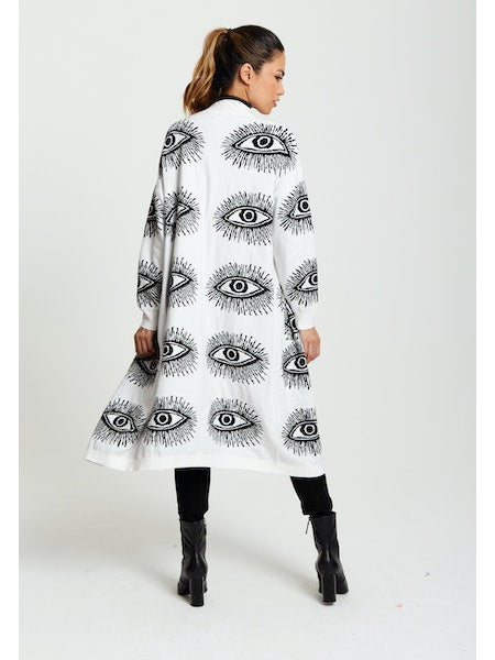 Liquorish Eye Pattern Longline Cardigan In White-Liquorish-S-Urbanheer