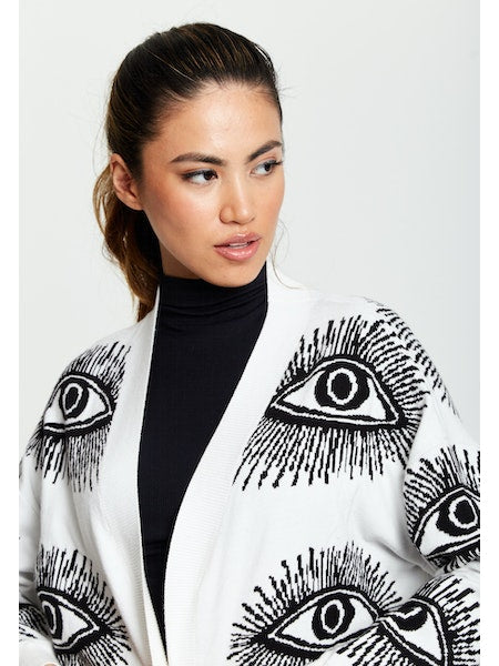 Liquorish Eye Pattern Longline Cardigan In White-Liquorish-S-Urbanheer