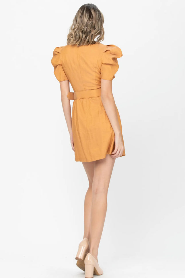 Bubble Sleeve Belted Mini Dress - Caramel-Neon Blush-Urbanheer