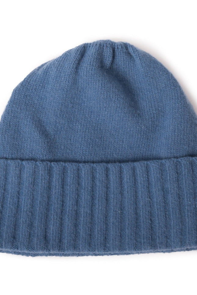 Cashmere Hat With Ribbed Cuff-Ladies Hats-PORTOLANO LADIES-PALACE BLUE-Urbanheer