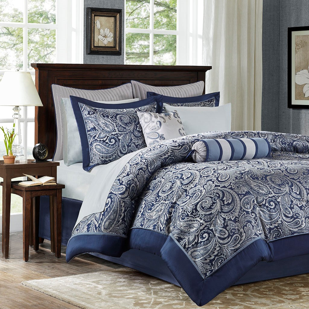 Paisley 12-Piece Complete Comforter Set And Sheet Set, Blue.-Olliix-Cal King-Urbanheer
