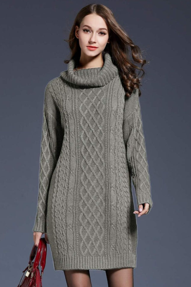 Full Size Mixed Knit Cowl Neck Dropped Shoulder Sweater Dress-Collab-Gray-M-Urbanheer