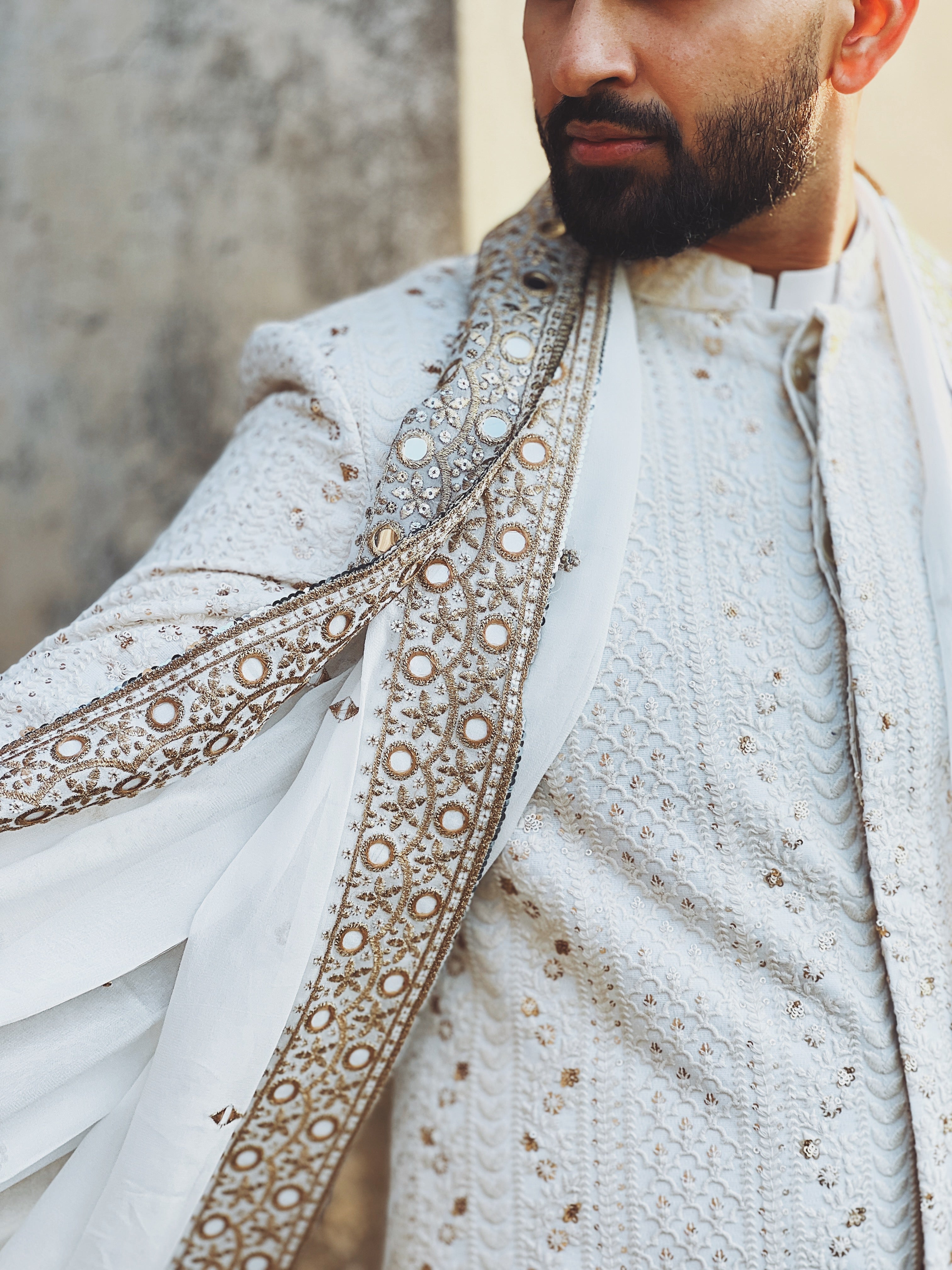 Harold - Off-White Chikankari Embroidered Achkan Jacket Set With Mirror Work Stole-Achkan Set-Bohame-XS-5'-5'4"-Urbanheer