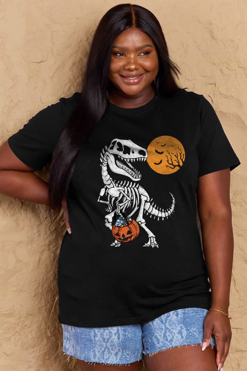 Simply Love Full Size Dinosaur Skeleton Graphic Cotton T-Shirt-Street 360-Black-S-Urbanheer
