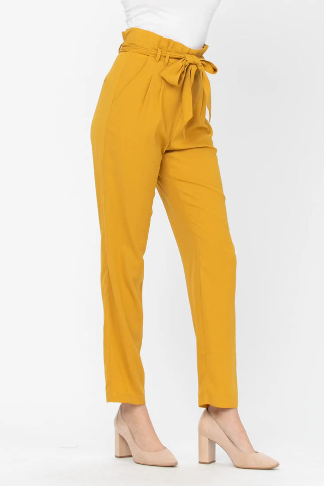 Belted Detail Straight Pants - Mustard-Neon Blush-Urbanheer