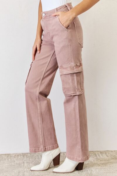 Risen Full Size High Rise Cargo Wide Leg Jeans-Risen-Mauve-0-Urbanheer