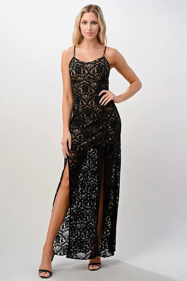 Front Slit Lace Maxi Dress - Black-MILEY + MOLLY-Urbanheer