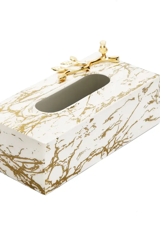 White And Gold Marble Tissue Box With Gold Leaf Design-CLASSIC TOUCH DECOR INC.-Urbanheer