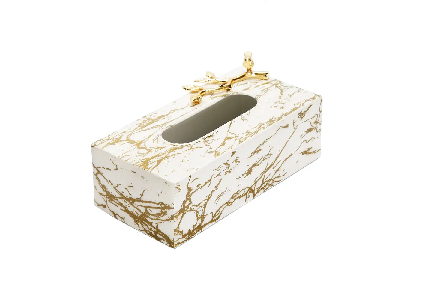 White And Gold Marble Tissue Box With Gold Leaf Design-CLASSIC TOUCH DECOR INC.-Urbanheer